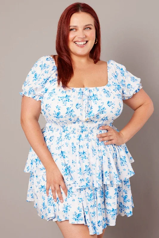 Blue Floral Shirred Waist Tiered Minidress Tunics Versatile functional