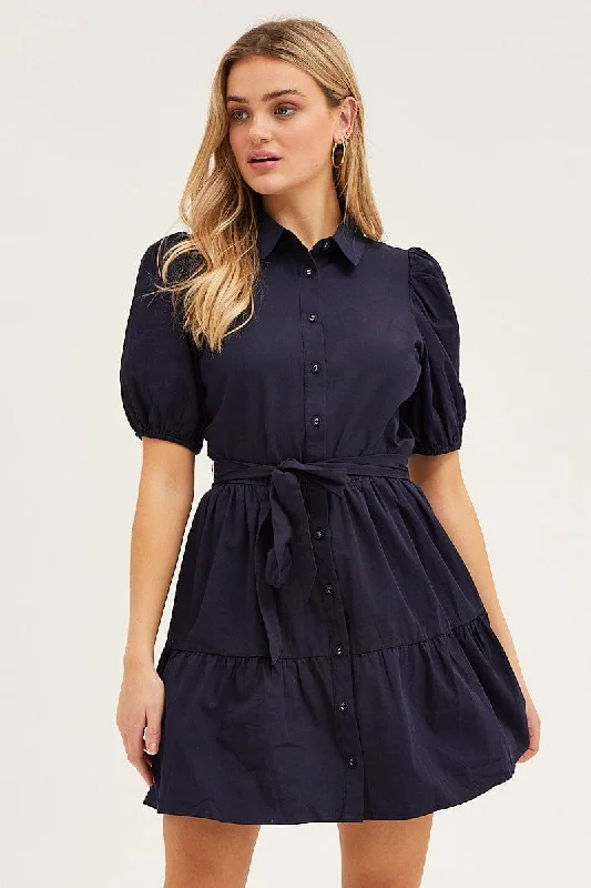Blue Puff Sleeve Button Up Tie Waist Tiered Dress Tunics Print Colorful