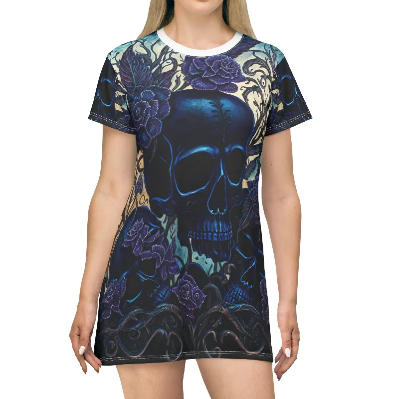 Blue Skull & Flowers Short Sleeve T-Shirt Dress Silk Blend Satin Velvet