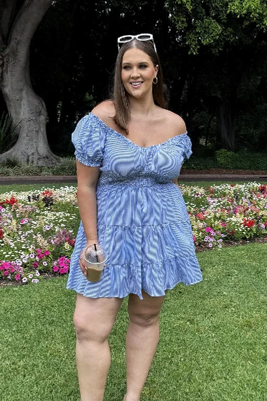 Blue Stripe V Neck Shirred Waist Minidress Tunics Floral girly