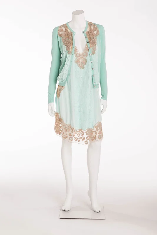 Blumarine - 3PC Mint & Beige Dress Size IT 42 with Cardigan Size IT 40 and Belt Size Medium Button Cardigan Zip Cardigan Pullover Cardigan
