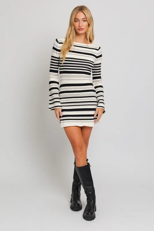 Boat Neck Bell Sleeve Sweater Dress Mesh Sweater Canvas Denim