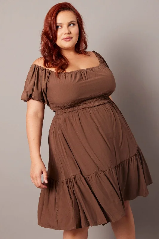 Brown Elastic Waist Detail Puff Sleeve Minidress Tunics Luxurious premium