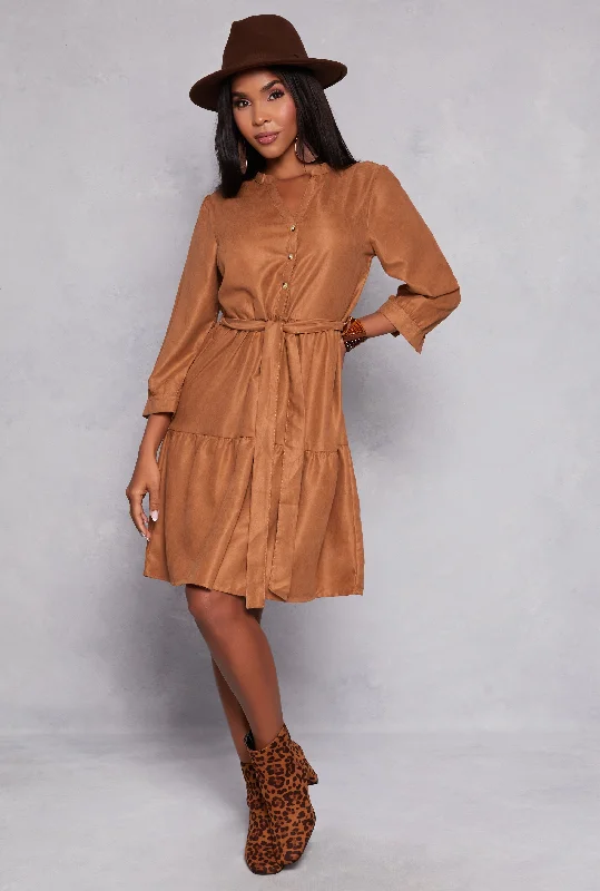 Tie Waist Belted Half Button Tiered Dress Tunics Print Colorful