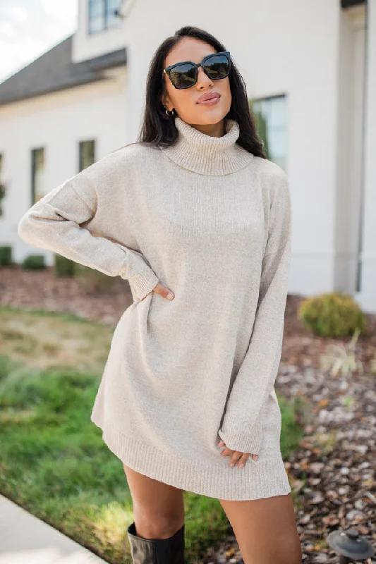 Changing Locations Beige Turtleneck Sweater Dress Modern Contemporary Chic