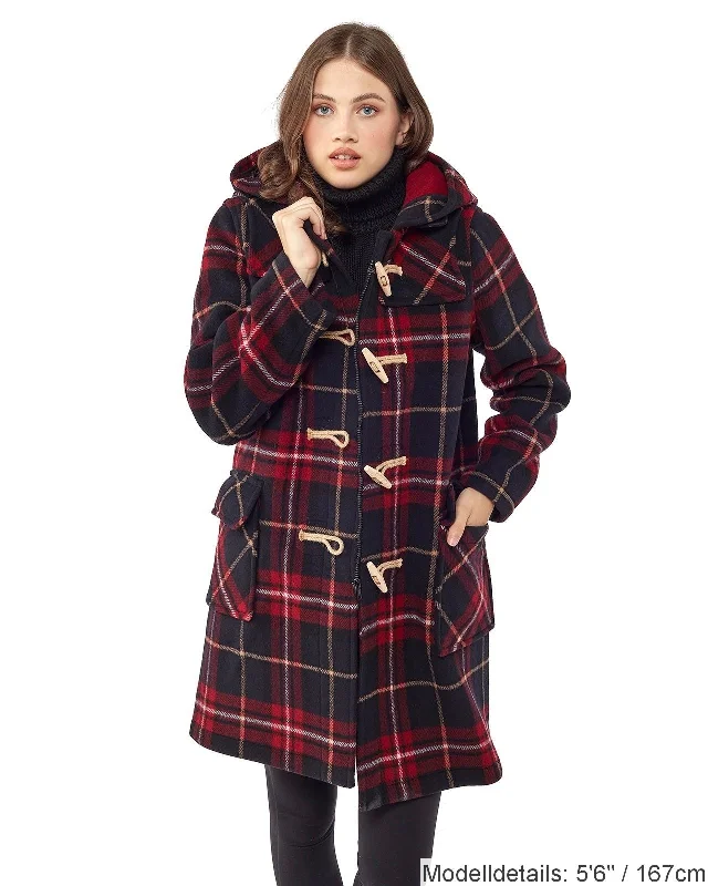 Originaler und authentischer Dufflecoat in klassischer Passform für Damen mit Holzknebeln – Burgunderrot kariert Button-Up Cardigan Coat Originaler und authentischer Dufflecoat in klassischer Passform für Damen mit Holzknebeln – Burgunderrot kariert Button-Up Cardigan Coat