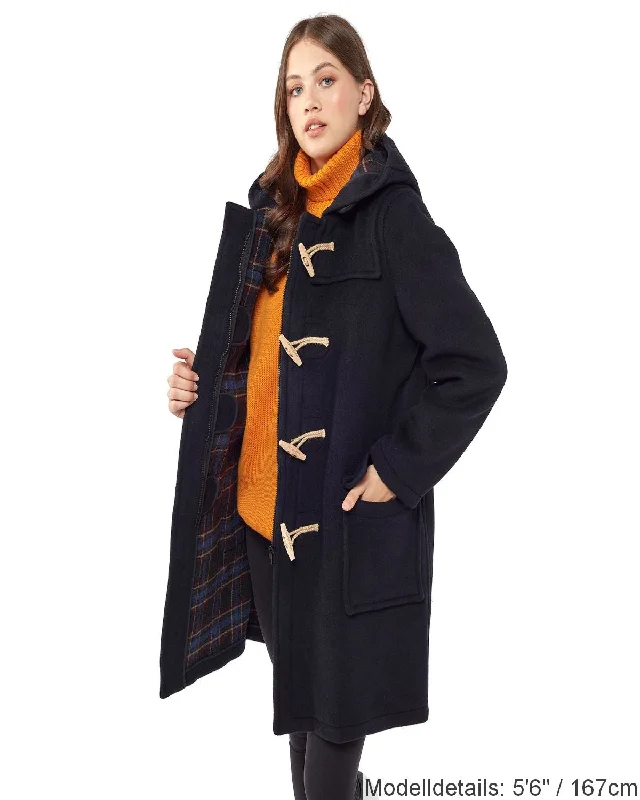 Originaler und authentischer Dufflecoat mit klassischer Passform für Damen mit Holzknebeln – Marineblau Fur-Trimmed Winter Coat Originaler und authentischer Dufflecoat mit klassischer Passform für Damen mit Holzknebeln – Marineblau Fur-Trimmed Winter Coat