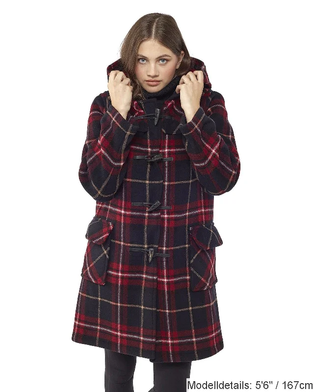 Damen-Dufflecoat in klassischer Passform mit Hornknebeln – Burgunderrot kariert Classic Riding Jacket Damen-Dufflecoat in klassischer Passform mit Hornknebeln – Burgunderrot kariert Classic Riding Jacket