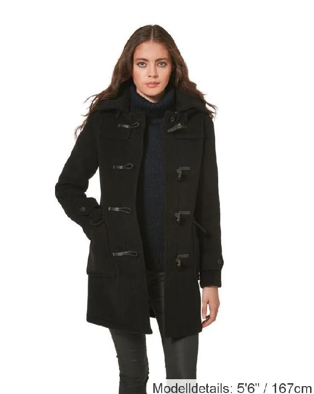 London Custom Fit Convertible Dufflecoat für Damen mit originaler abnehmbarer Kapuze und Hornknebeln – Schwarz Double-Breasted Trench London Custom Fit Convertible Dufflecoat für Damen mit originaler abnehmbarer Kapuze und Hornknebeln – Schwarz Double-Breasted Trench