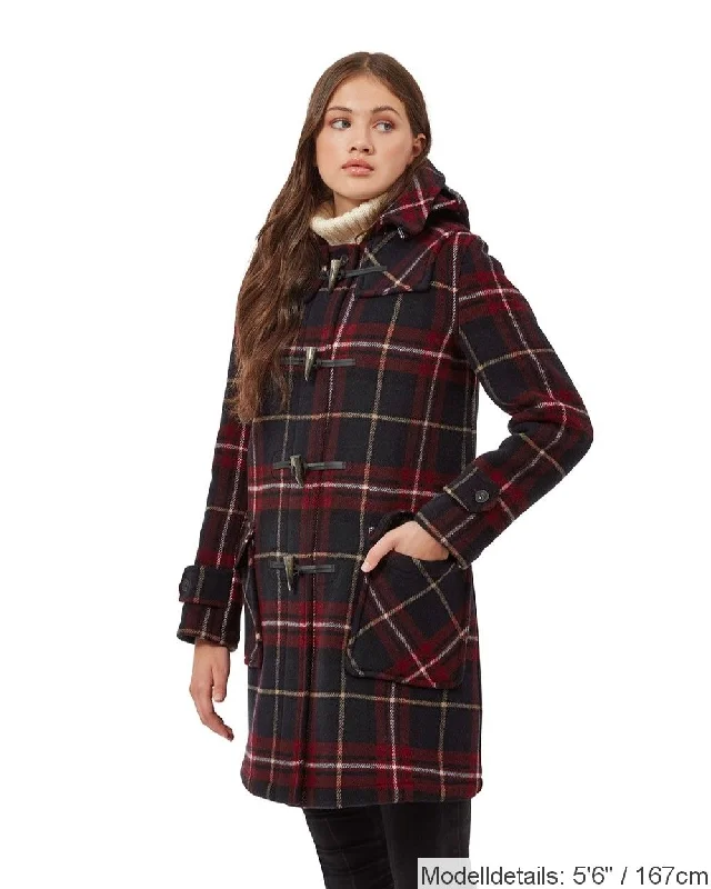 London Custom Fit Convertible Dufflecoat für Damen mit originaler abnehmbarer Kapuze und Hornknebeln – Burgunderrot kariert Cropped Moto Jacket London Custom Fit Convertible Dufflecoat für Damen mit originaler abnehmbarer Kapuze und Hornknebeln – Burgunderrot kariert Cropped Moto Jacket