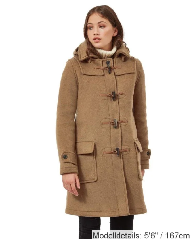 London Custom Fit Convertible Dufflecoat für Damen mit abnehmbarer Original-Kapuze und Hornknebeln – Camel Belted Wool Overcoat London Custom Fit Convertible Dufflecoat für Damen mit abnehmbarer Original-Kapuze und Hornknebeln – Camel Belted Wool Overcoat