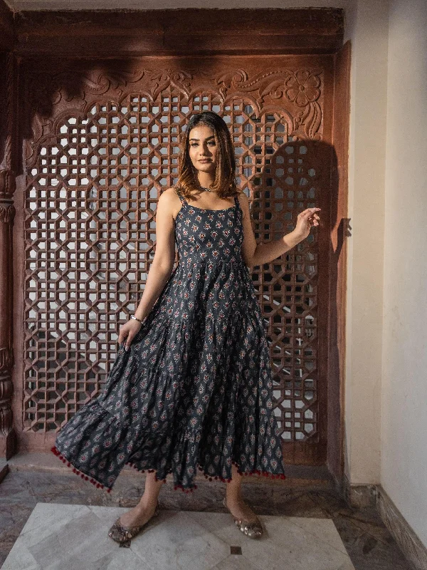Navy Blue Buti Printed Shoulder Strip Long dress Casual Short Summer