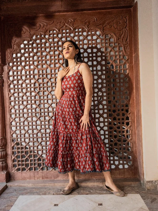Maroon Buti Printed Shoulder Strip Long dress Elegant Long Evening