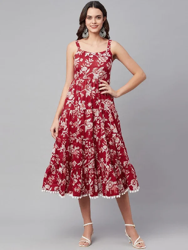 Red Floral Printed Shoulder Strap Long dress Maxi Flowy Bohemian