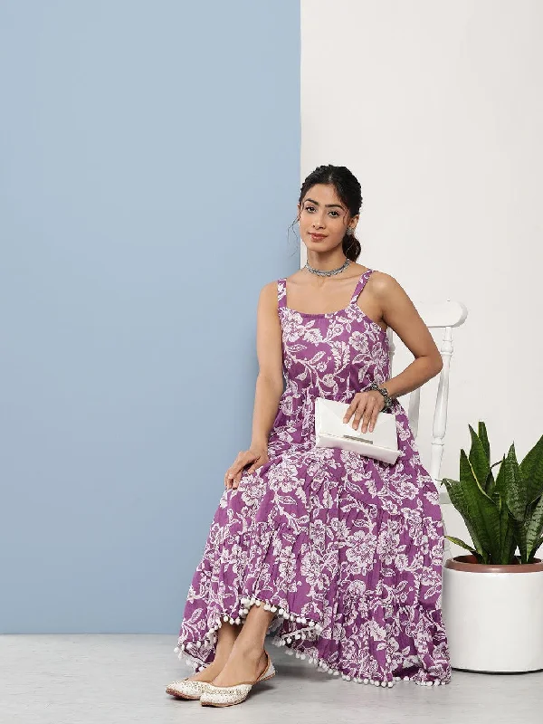 Purple Floral Shoulder Strip Long Dress Halter Neckline Beach