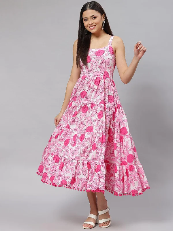 white & Pink Floral Shoulder Strip Long Dress empire Waist empire