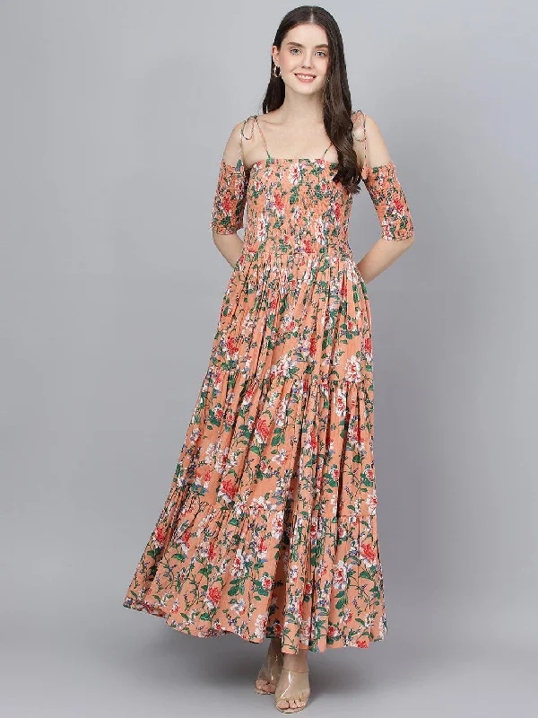 Peach Floral Printed Shoulder Strips Flared Long Dress Pencil Office Professional