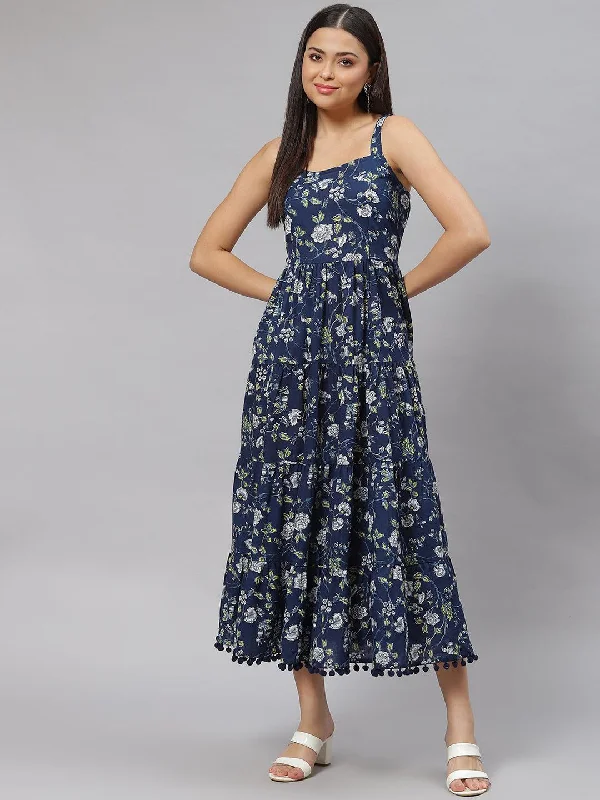 Blue Floral Shoulder Strip Long Dress Shift Classic Vintage