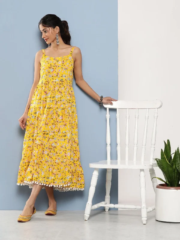 Yellow Floral Shoulder Strip Long Dress A-Line Day Work