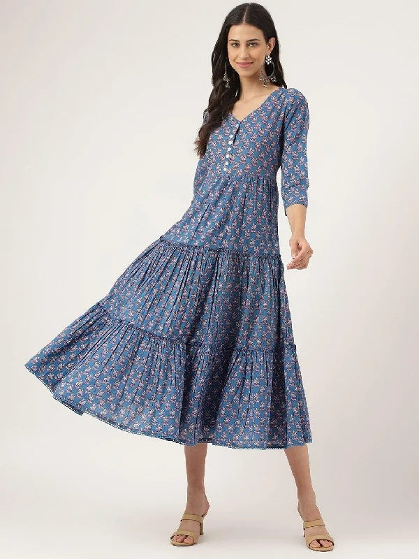 Blue Floral Printed Long dress Off-the-shoulder Chic Trendy