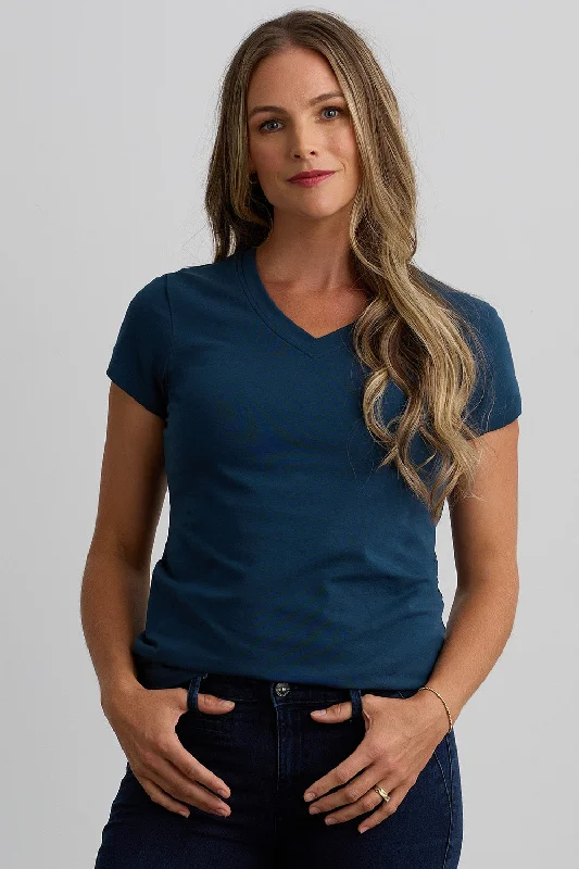 Women's Organic V-Neck T-shirt Embroidered Appliqued Beaded
