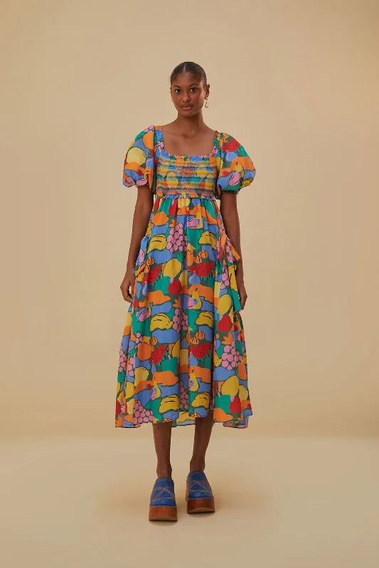 Multicolor Fruit Landscape Short Sleeve Midi Dress Tunics Stylish elegant