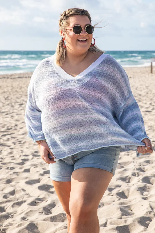 Good To Know Blue Striped Short Sleeve Sweater FINAL SALE Terry Terry Cloth Terry Knit