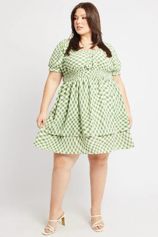 Green Check Shirred Waist Scoop Neck Minidress Tunics Corduroy durable