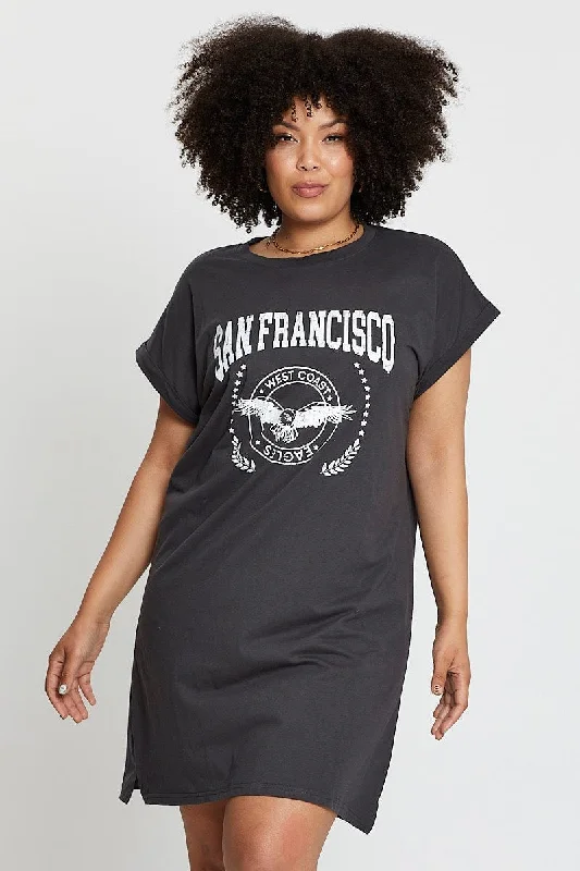 Grey Short Sleeve Graphic T-shirt Dress Ribbed Striped Patterned