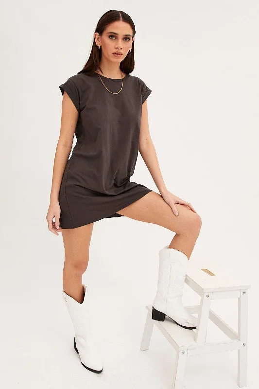 Grey T-Shirt Dress Crew Short Sleeve Graphic Fashionable Trendy Casual