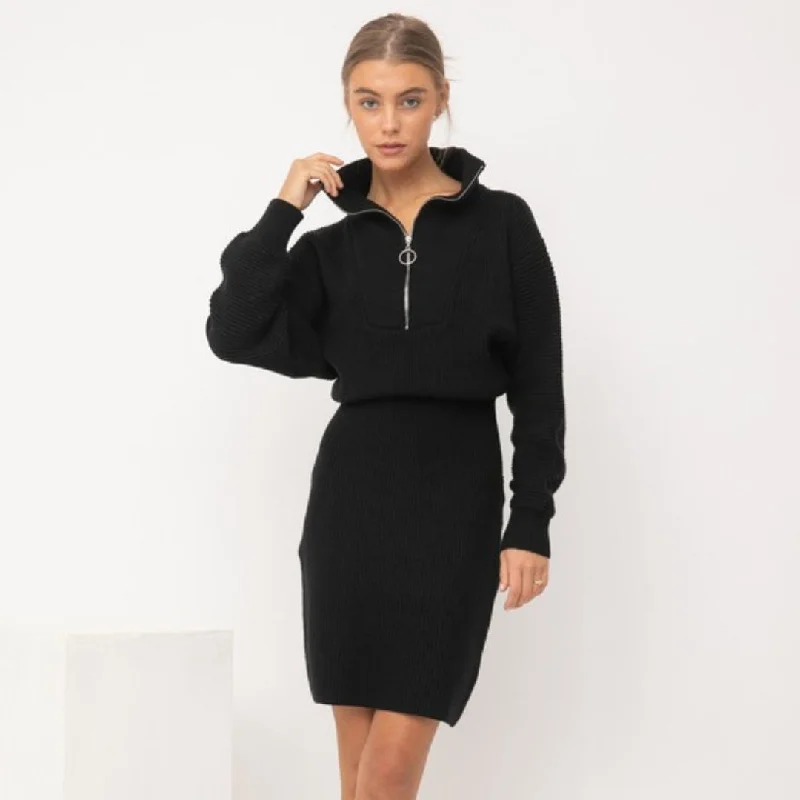 Half Zip Up Sweater Dress (Black) Modern Contemporary Chic