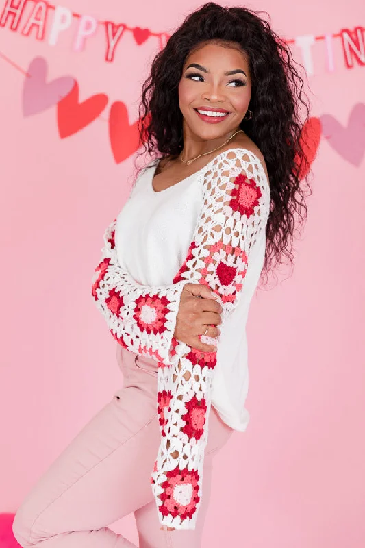 Hello Lover Pink And Ivory Crochet Heart Sleeve Sweater FINAL SALE Neon Metallic Matte