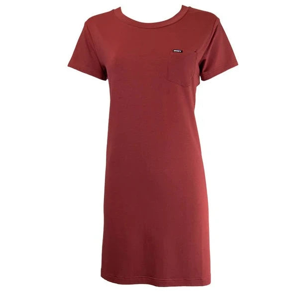 Hooey Women's Bamboo Pocket T-Shirt Dress in Red Hooded Caped Shawl Collar