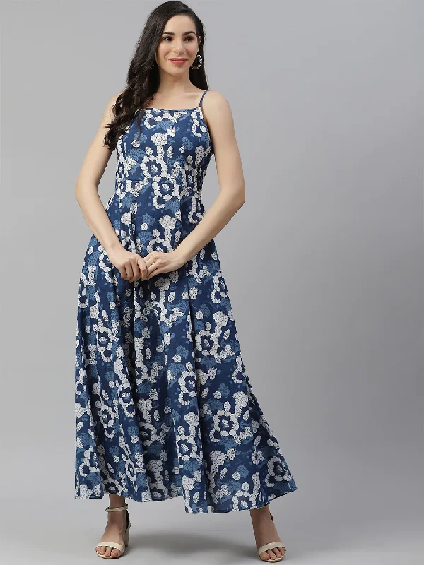 Indigo Print Cotton Long Dress Boat Neckline Classic