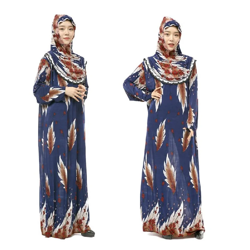 Islamic Fashion Women's Floral Lace Muslim Prayer Hijab Pullover Dress Sheath Sleeve Elegant