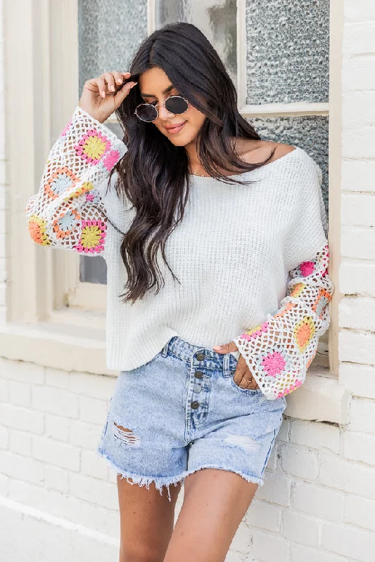 Something To Tell Ivory Bright Multi Crochet Sleeve Sweater  FINAL SALE Herringbone Houndstooth Plaid
