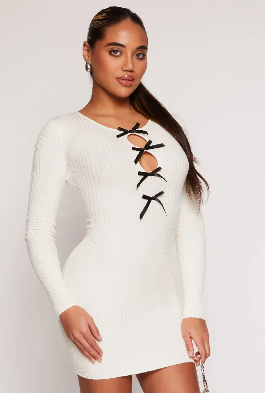 Cut Out Bow Sweater Dress Graphic Sweater Embroidered Appliqued