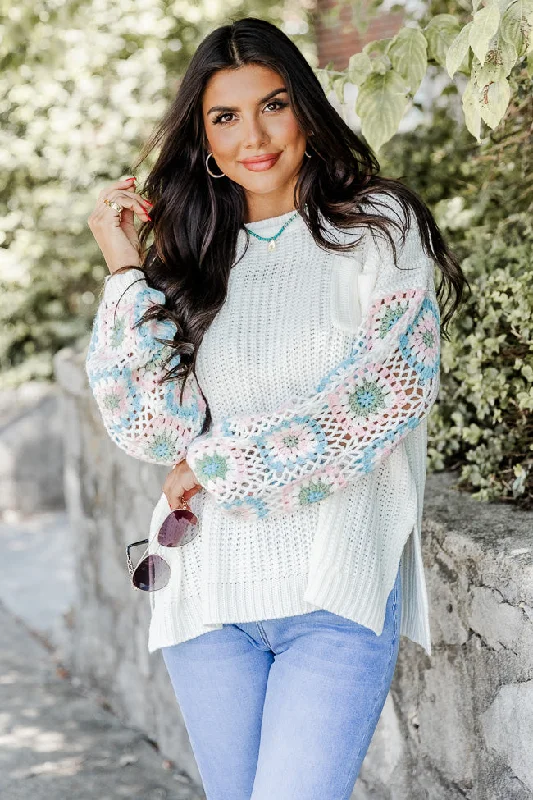 Wanna Be With You Ivory Multi Crochet Sleeve Sweater  FINAL SALE Notch Collar Peter Pan Collar Cowl Neck