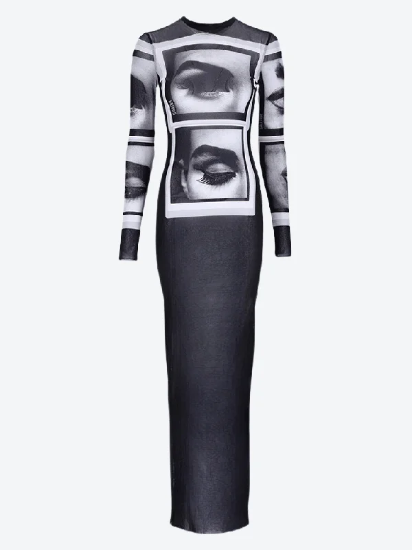 Eyes and lips mesh long dress Tunics Office stylish