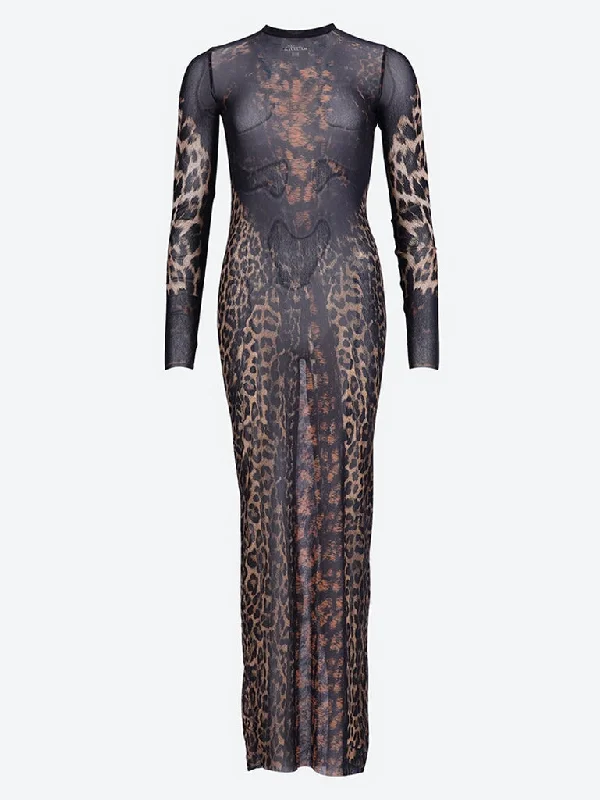 Leopard printed mesh long dress Tunics Fall fleece