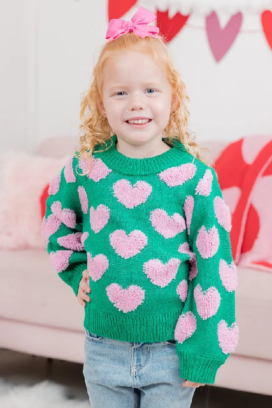 Kid's I'll Be There Green Fuzzy Heart Sweater FINAL SALE Toggled Drawstring Belted