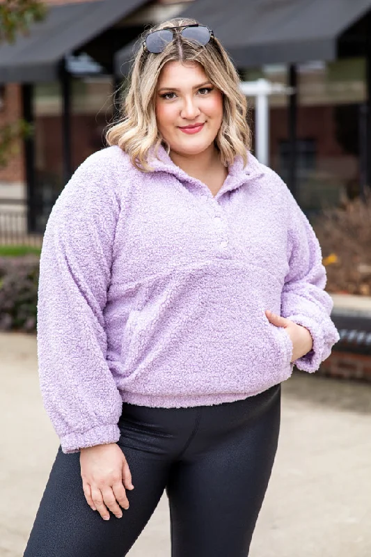 Let My Guard Down Lilac Sherpa Snap Button Pullover FINAL SALE Thick Cable Knit