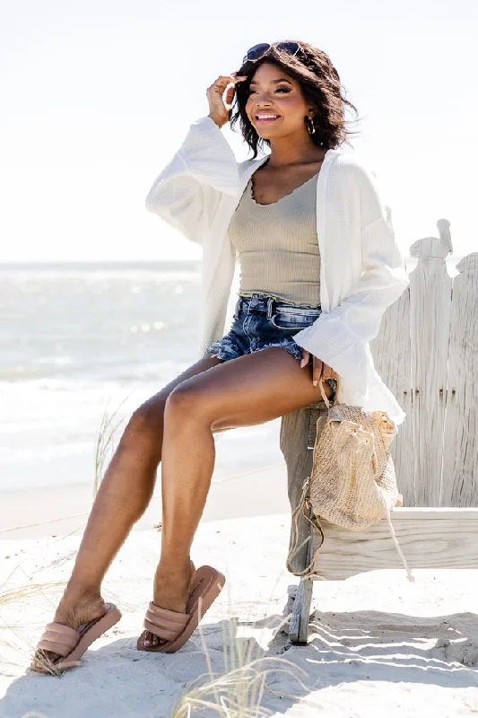 Let's Get Away Ivory Waffle Ruffle Hem Cardigan FINAL SALE Zippered Front Buttoned Front Snap Front