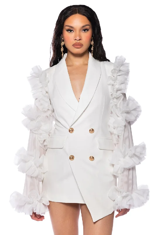 LIVING OVER THE TOP RUFFLE SLEEVE BLAZER MINI DRESS Women's Radiation Jacket