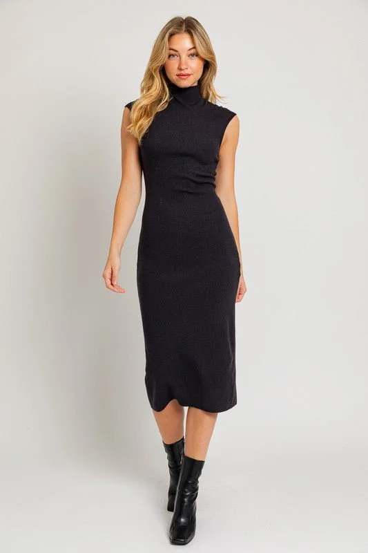 Black Mock Neck Sweater Midi Dress Machine Wash Dry Clean Hand Wash