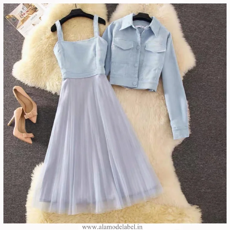 Monilo Set of Mesh Dress with Jacket Toggled Jacket Drawstring Jacket Belted Jacket