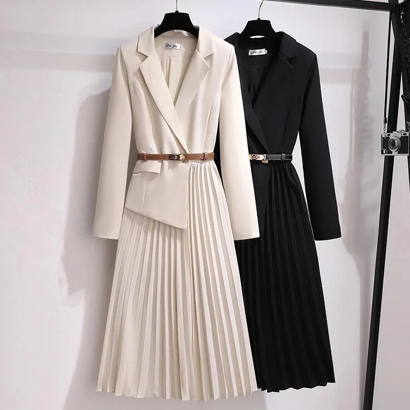 Nova Elegant Pleated Blazer Dress Women's Denim Suit