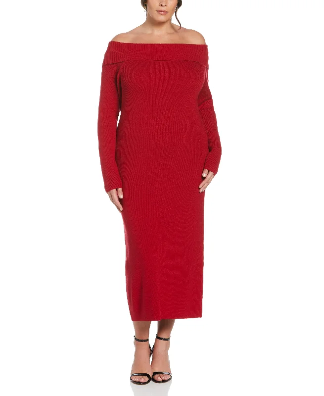Plus Size Off-the-Shoulder Sweater Dress Zippered Front Buttoned Front Snap Front