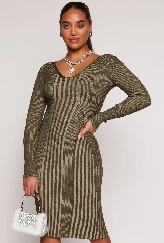 Almost Famous Ribbed Knit Shadow Stripe Midi Sweater Dress Cable Knit Ribbed Knit Lace Knit