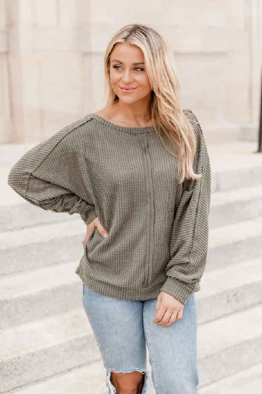 There's Something About You Olive Boat Neck Waffle Pullover FINAL SALE Elbow Length Sleeve